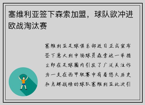塞维利亚签下森索加盟，球队欲冲进欧战淘汰赛