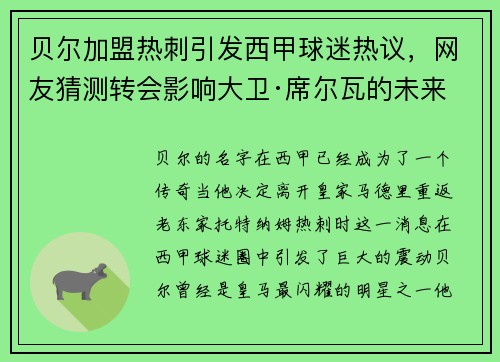 贝尔加盟热刺引发西甲球迷热议，网友猜测转会影响大卫·席尔瓦的未来