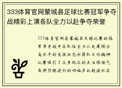 333体育官网蒙城县足球比赛冠军争夺战精彩上演各队全力以赴争夺荣誉